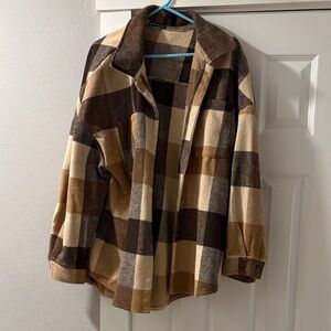 SHEIN Brown and Cream Plaid Utility Jacket